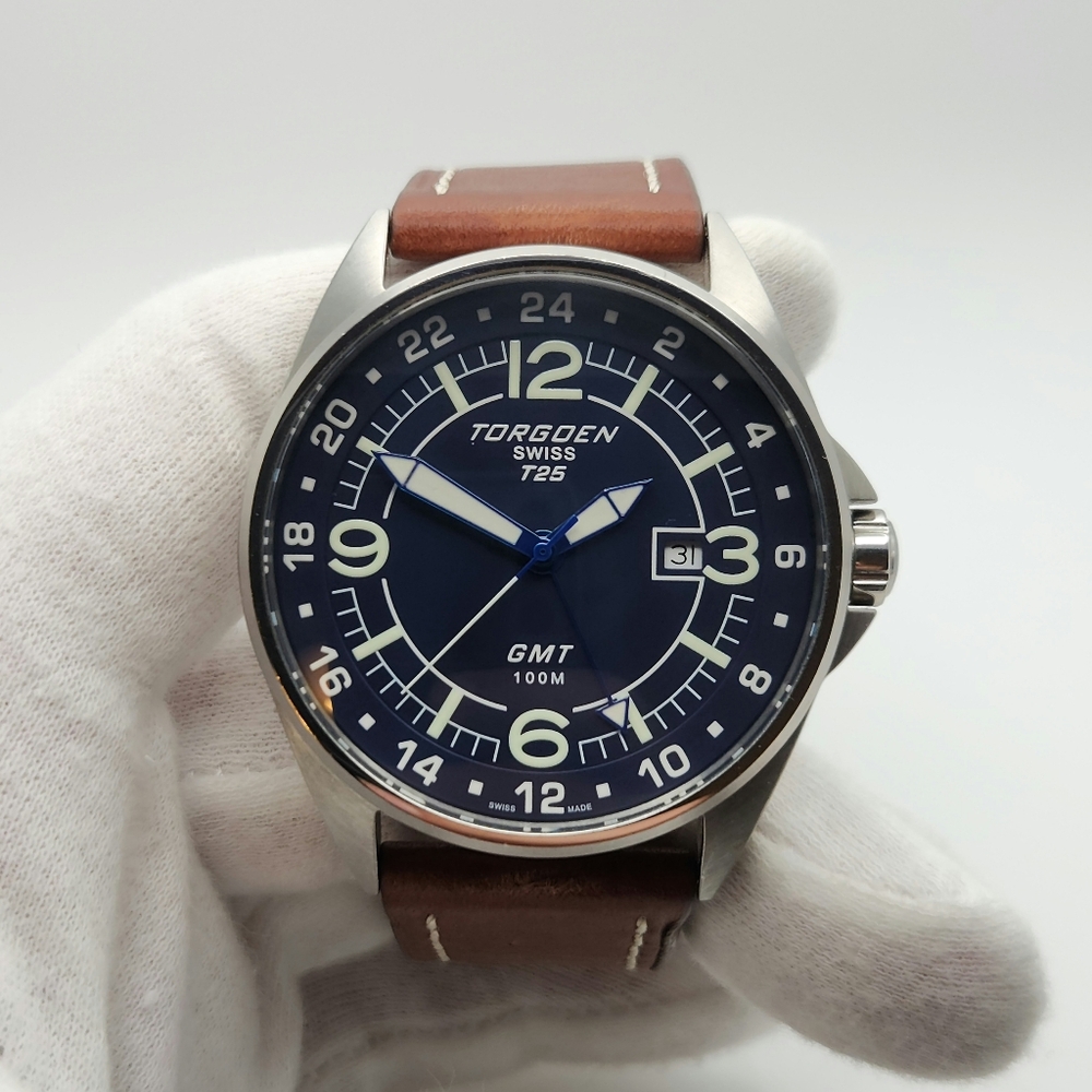 Torgoen T25 Mens GMT 100M Silver Tone Blue Dial Quartz Movement Swiss Made Watch